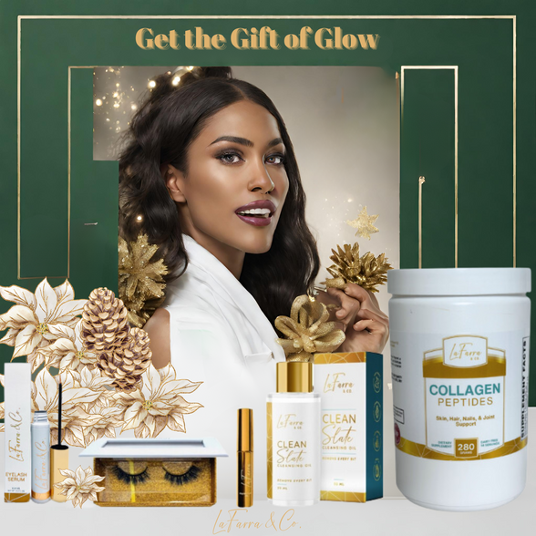 Beautiful woman surrounded by supplements like collagen powder and face oil to give inner and outer glow.